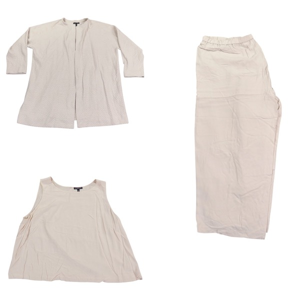 Eileen Fisher 3 Piece Oyster Silk Blend Open Quilted Cardigan XL Top Pants 1X